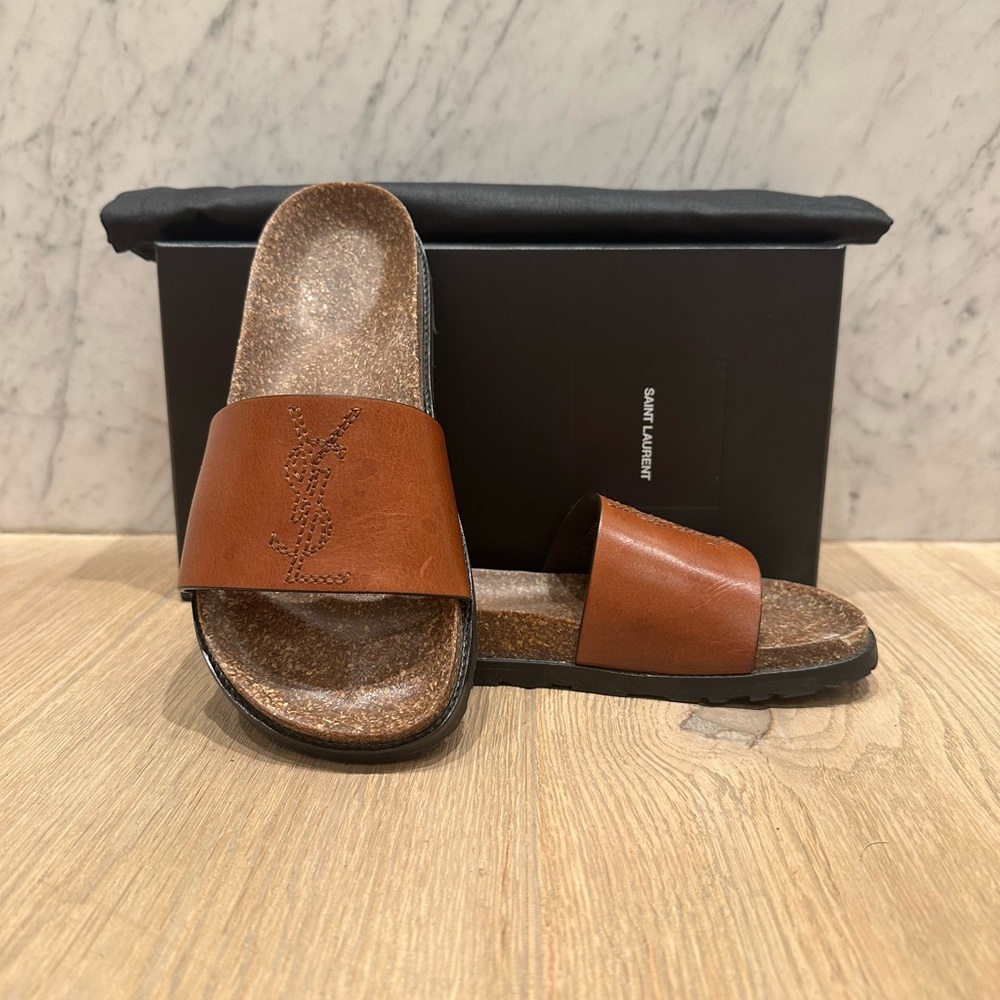 Saint Laurent Maine Liscio Brown Leather Slide Sandals